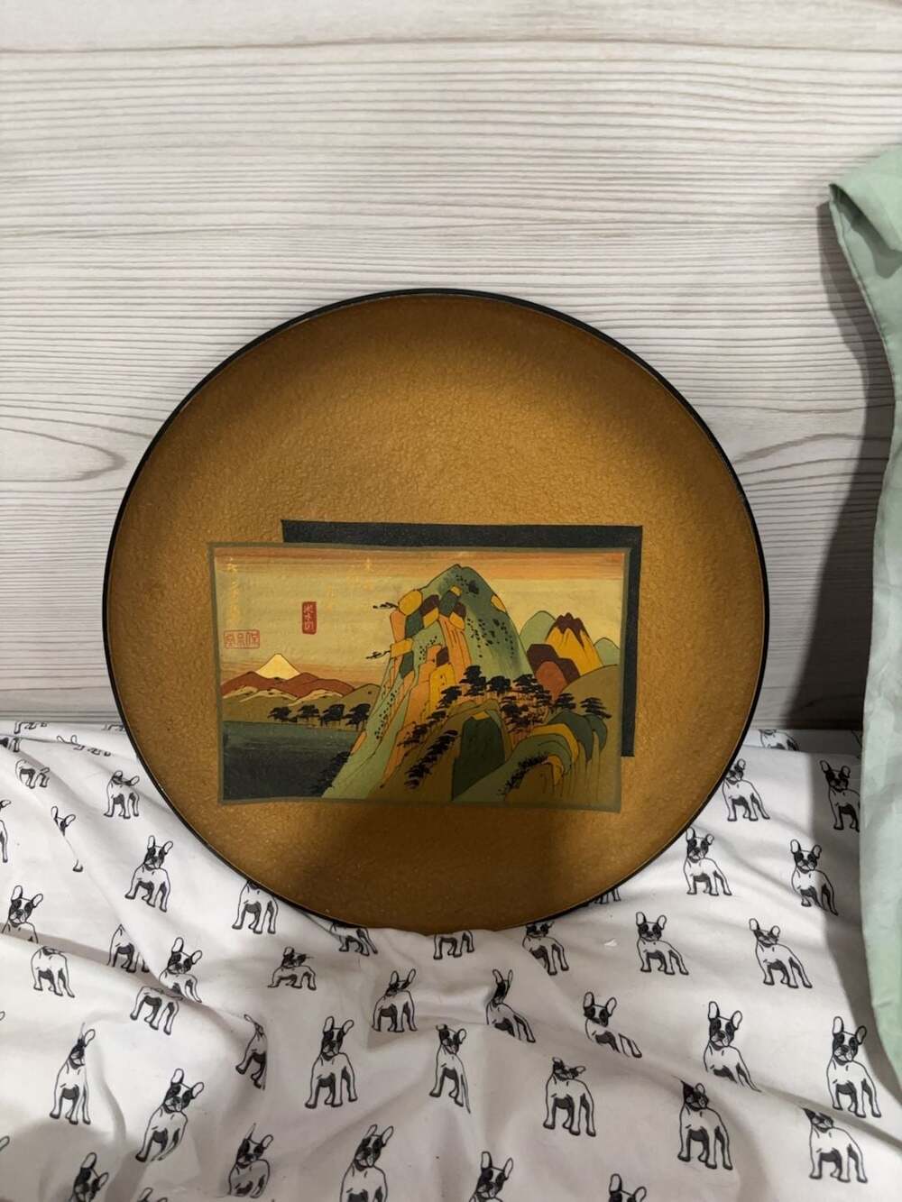 Vintage Japanese Lacquerware Decorative Plate with Ukiyo-e Print